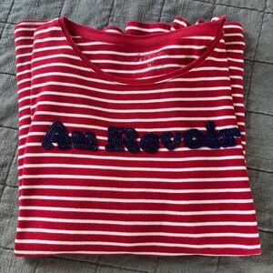 Talbots the Talbots Tee Red White Striped 3/4 sleeve Petite L beaded Au Revoir